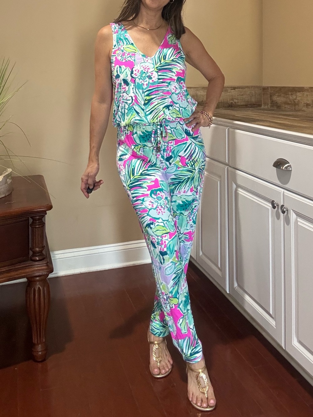 Lilly Pulitzer Green, Pink & Teal Tropical Print Jumpsuit